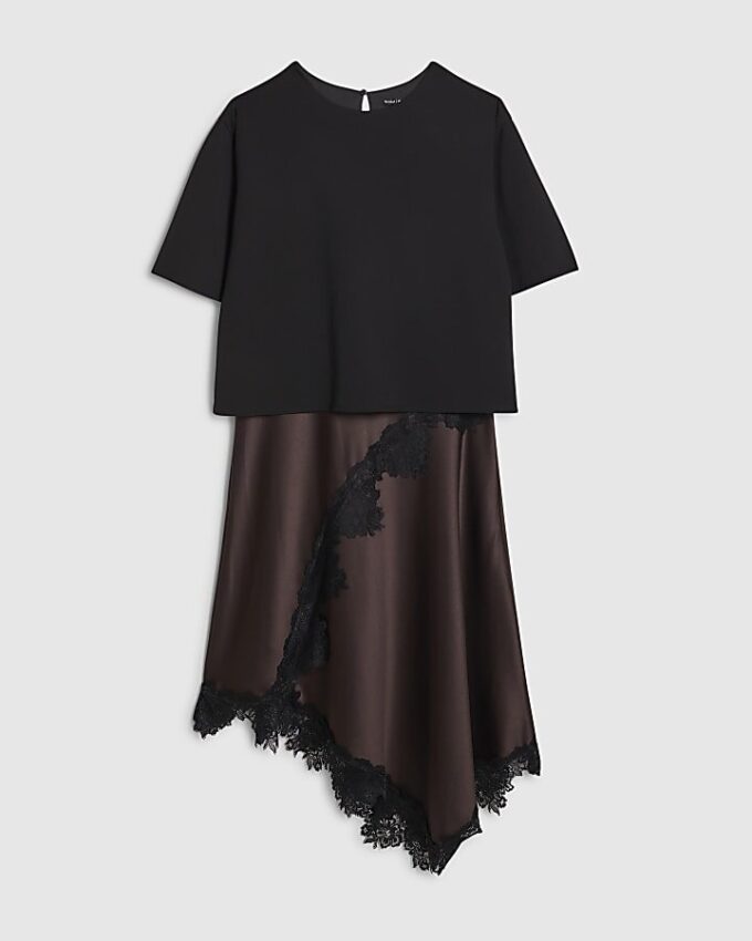 Petite Brown Lace Hybrid T-Shirt Maxi Dress