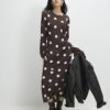Petite Brown Long Sleeve Spotted Midi Dress