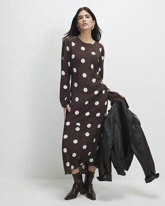 Petite Brown Long Sleeve Spotted Midi Dress