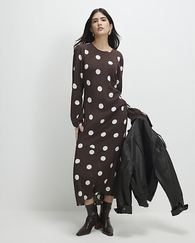 Petite Brown Long Sleeve Spotted Midi Dress