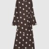 Petite Brown Long Sleeve Spotted Midi Dress