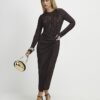 Petite Brown Plisse Buckle Detail Midi Dress