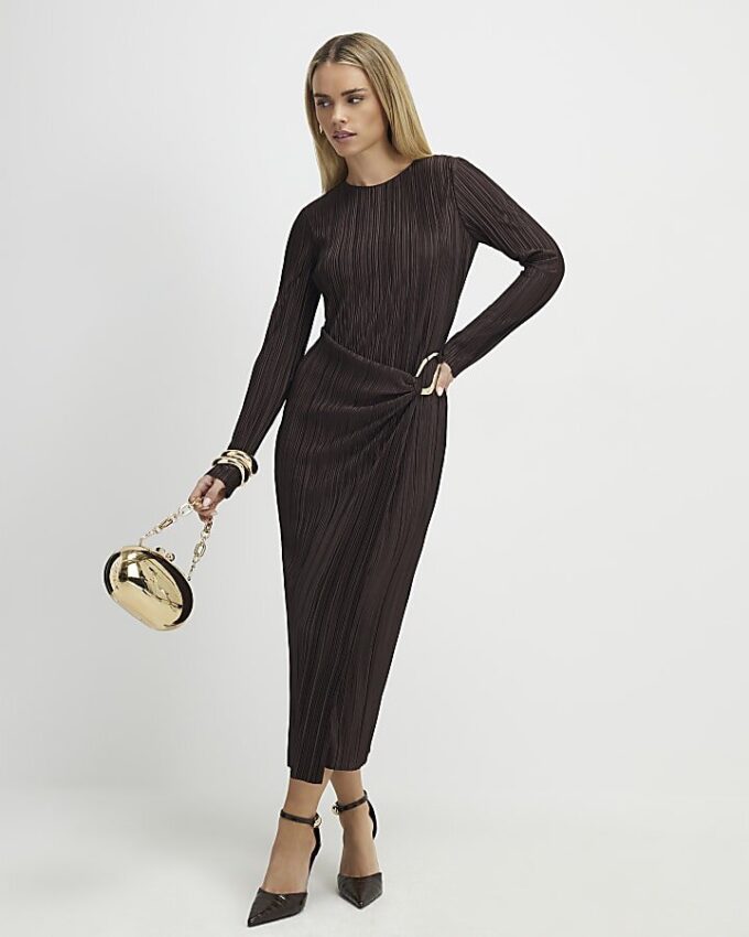 Petite Brown Plisse Buckle Detail Midi Dress