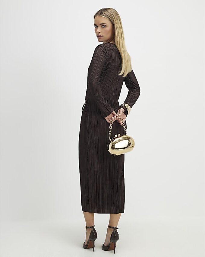 Petite Brown Plisse Buckle Detail Midi Dress