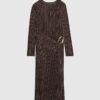 Petite Brown Plisse Buckle Detail Midi Dress