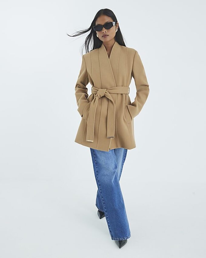 Petite Brown Short Belted Wrap Coat