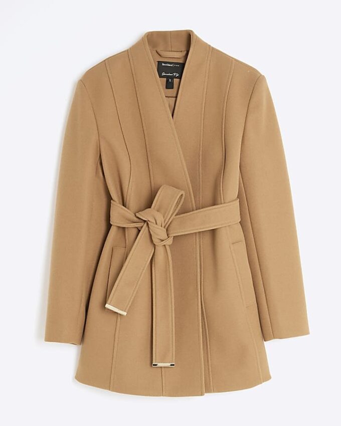 Petite Brown Short Belted Wrap Coat