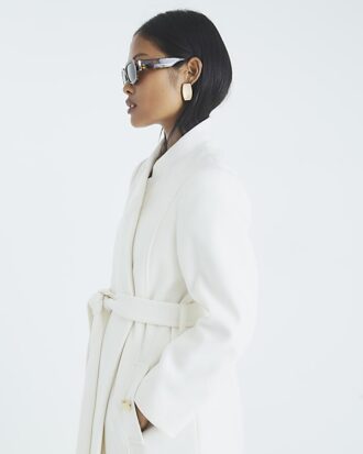 Petite Cream Notch Collar Belted Wrap Coat