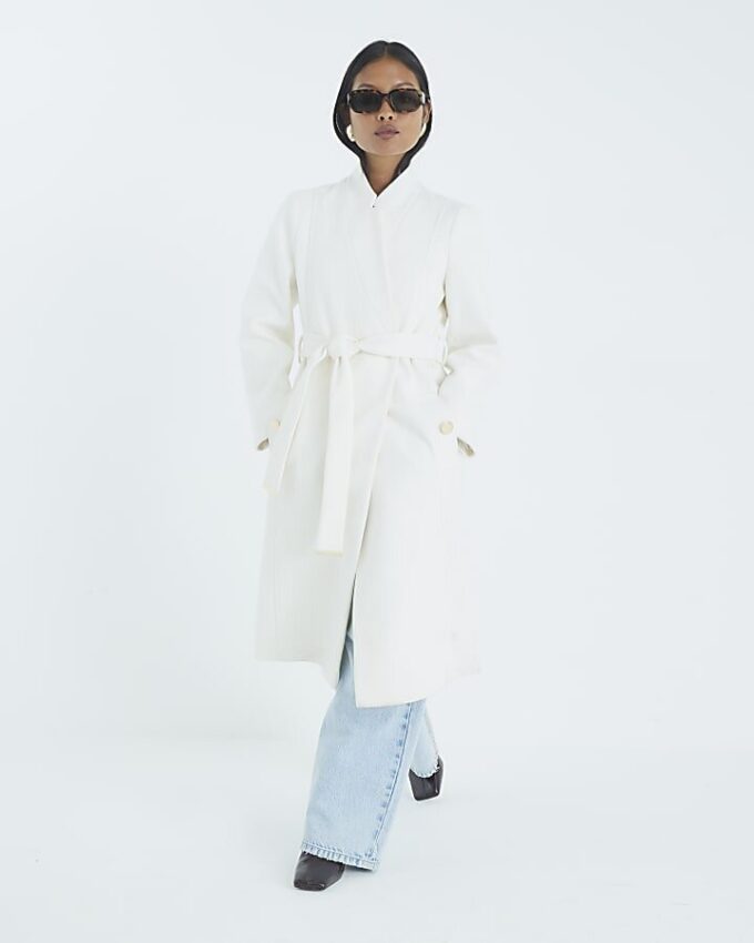 Petite Cream Notch Collar Belted Wrap Coat