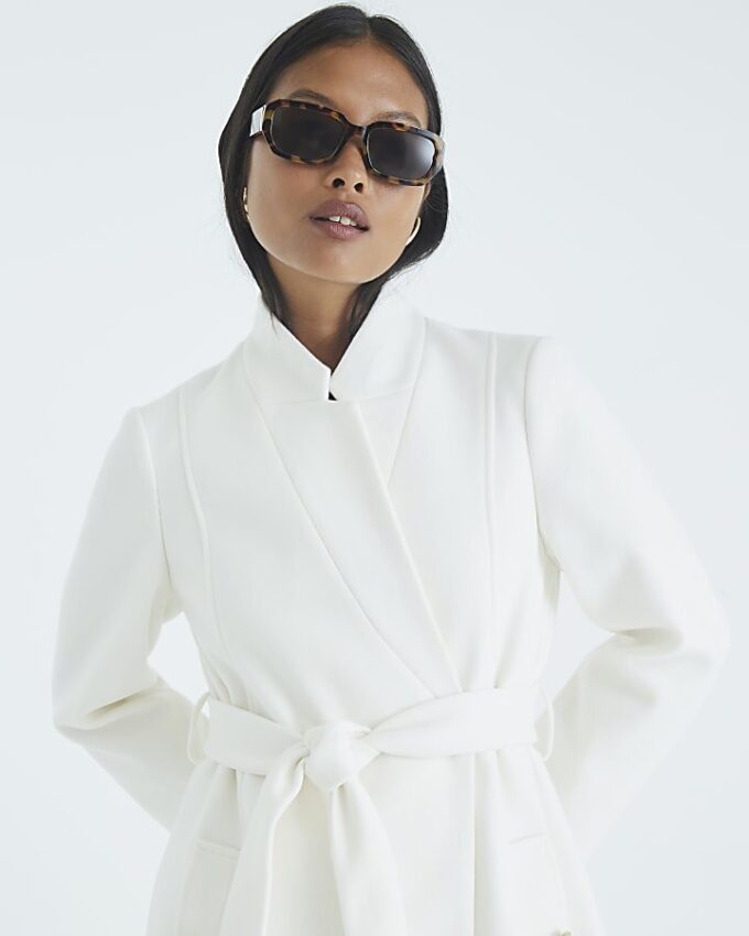 Petite Cream Notch Collar Belted Wrap Coat