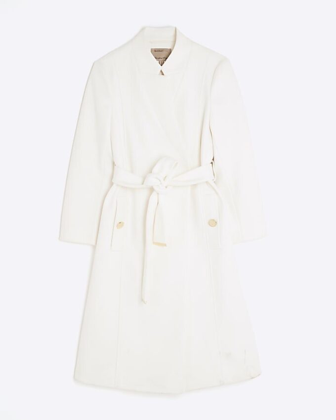 Petite Cream Notch Collar Belted Wrap Coat