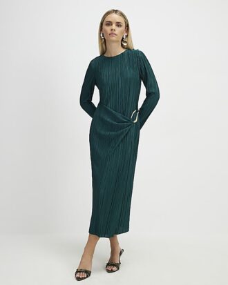 Petite Green Plisse Buckle Detail Midi Dress