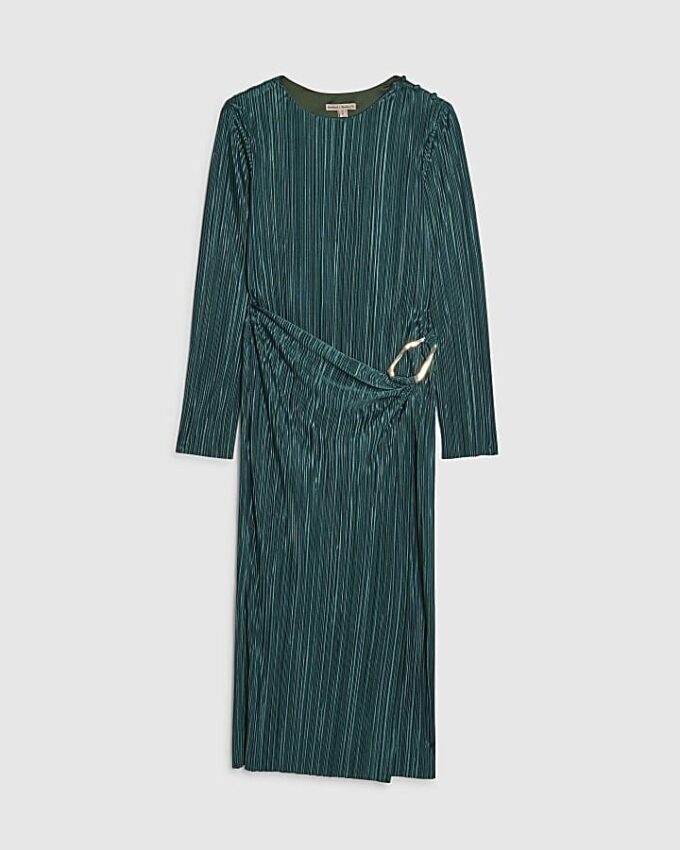 Petite Green Plisse Buckle Detail Midi Dress