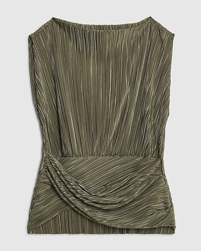 Petite Green Plisse Sleeveless Wrap Top