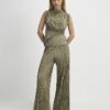 Petite Green Plisse Wide Leg Trousers