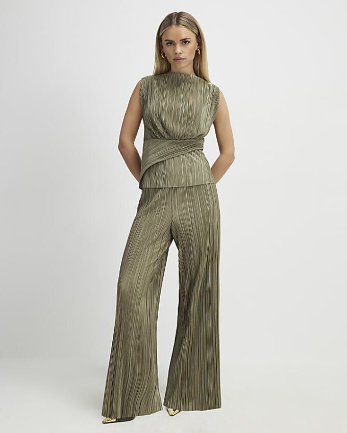 Petite Green Plisse Wide Leg Trousers