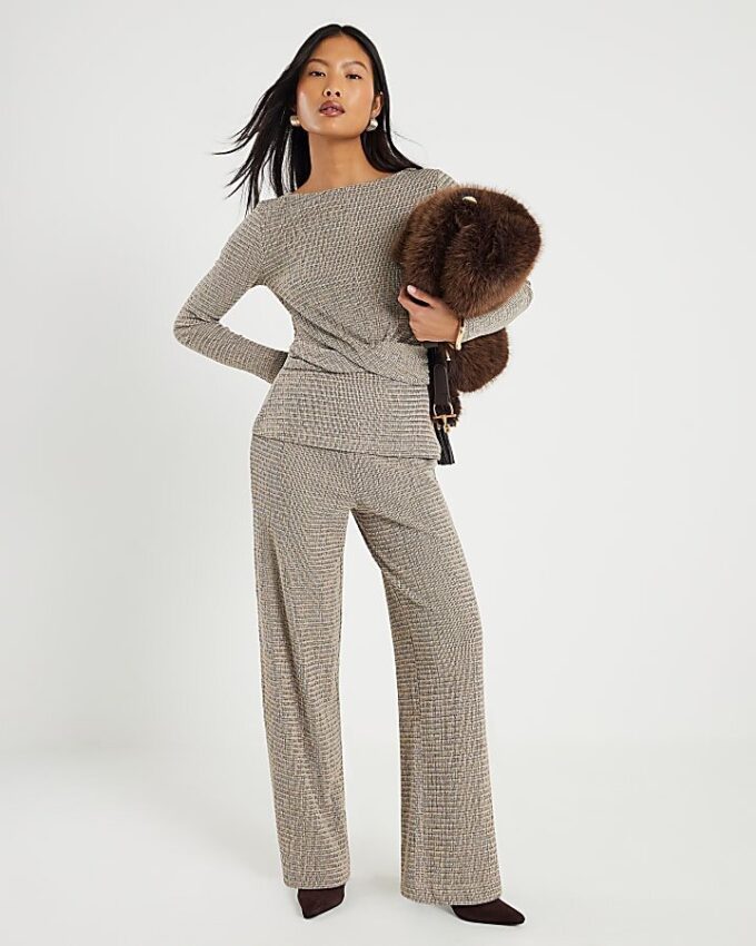 Petite Grey Textured Wide Leg Trousers