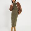 Petite Khaki Long Sleeve Cosy Midi Dress