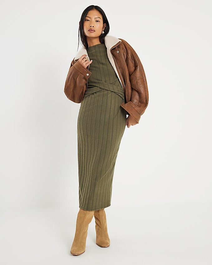 Petite Khaki Long Sleeve Cosy Midi Dress