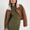 Petite Khaki Long Sleeve Cosy Midi Dress
