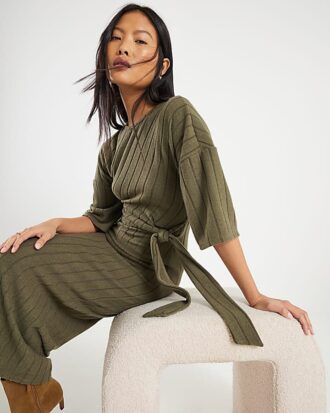 Petite Khaki Short Sleeve Ribbed Cosy Dress