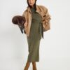 Petite Khaki Short Sleeve Ribbed Cosy Dress