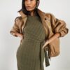 Petite Khaki Short Sleeve Ribbed Cosy Dress
