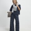 Petite Navy Premium Crinkle Wide Leg Joggers
