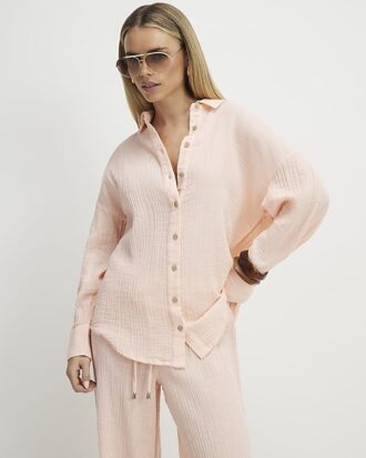 Petite Pink Crinkle Long Sleeve Beach Shirt