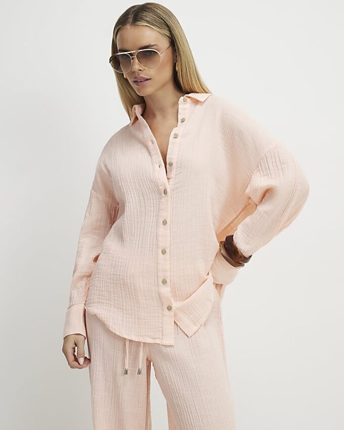 Petite Pink Crinkle Long Sleeve Beach Shirt