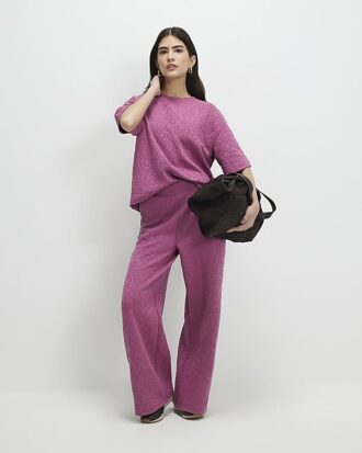Petite Pink Jacquard Wide Leg Trousers