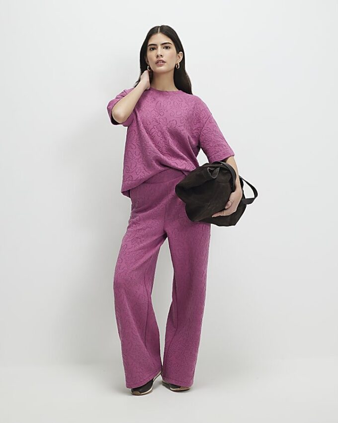 Petite Pink Jacquard Wide Leg Trousers