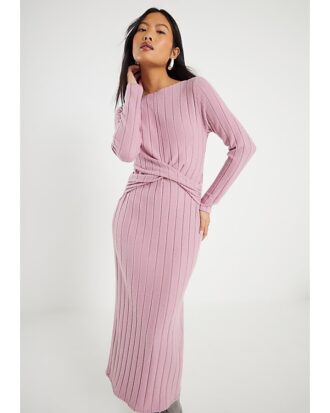 Petite Pink Long Sleeve Cosy Twist Midi Dress