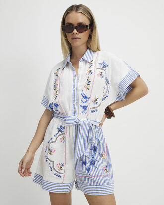 Petite White Embroidery Stripe Playsuit