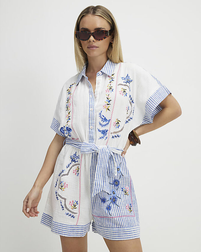 Petite White Embroidery Stripe Playsuit
