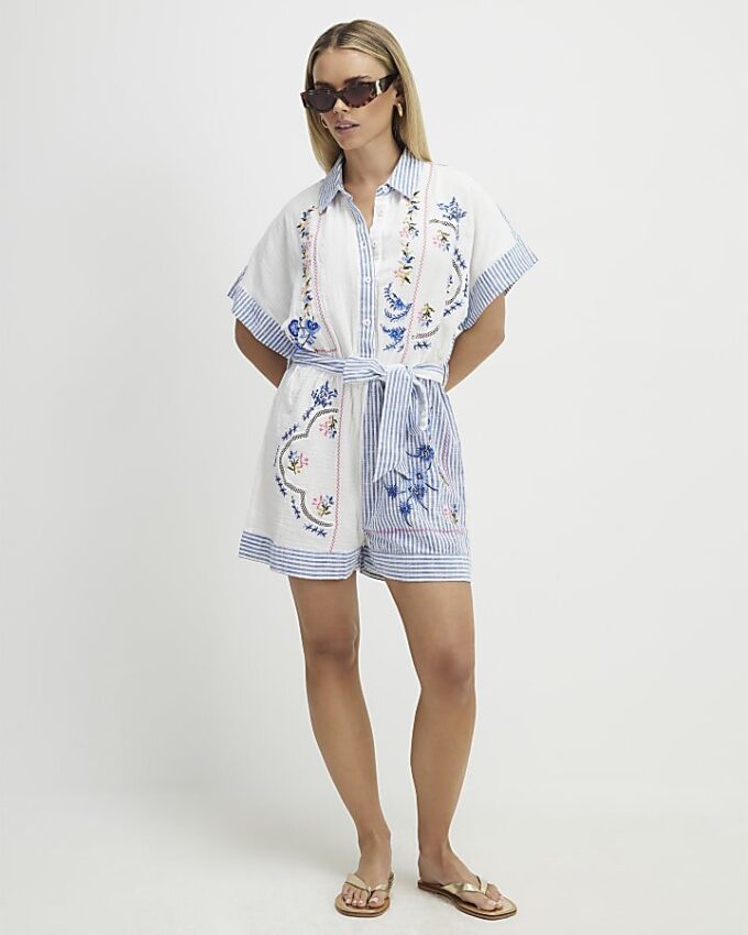 Petite White Embroidery Stripe Playsuit