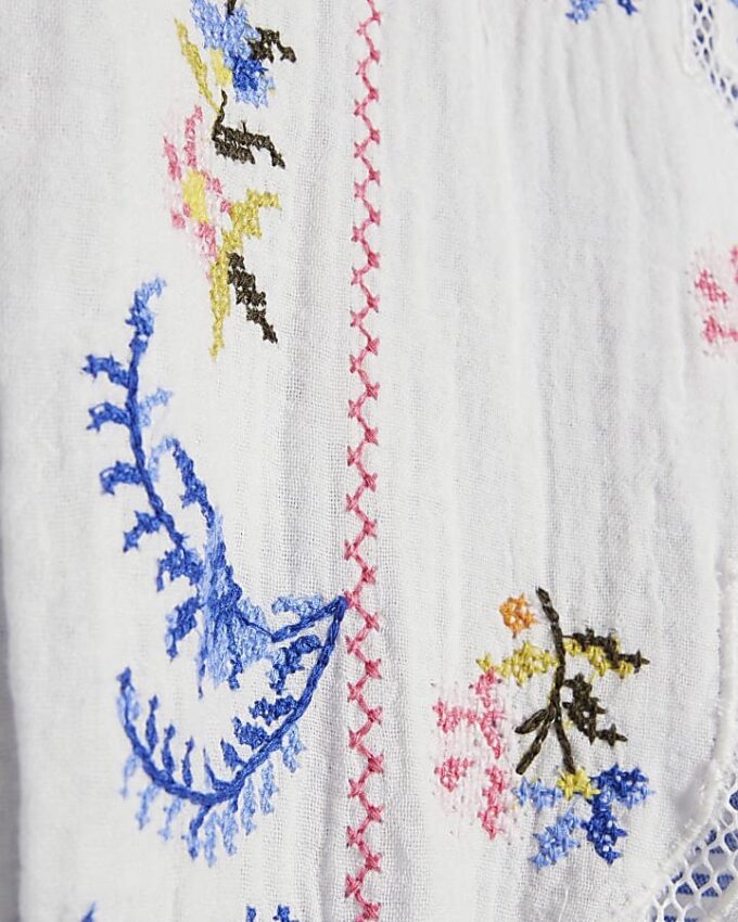 Petite White Embroidery Stripe Playsuit