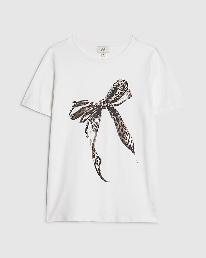 Petite White Leopard Print Bow T-shirt