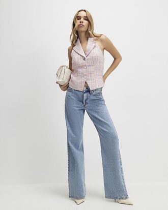 Pink Boucle Collared Halter Neck Waistcoat