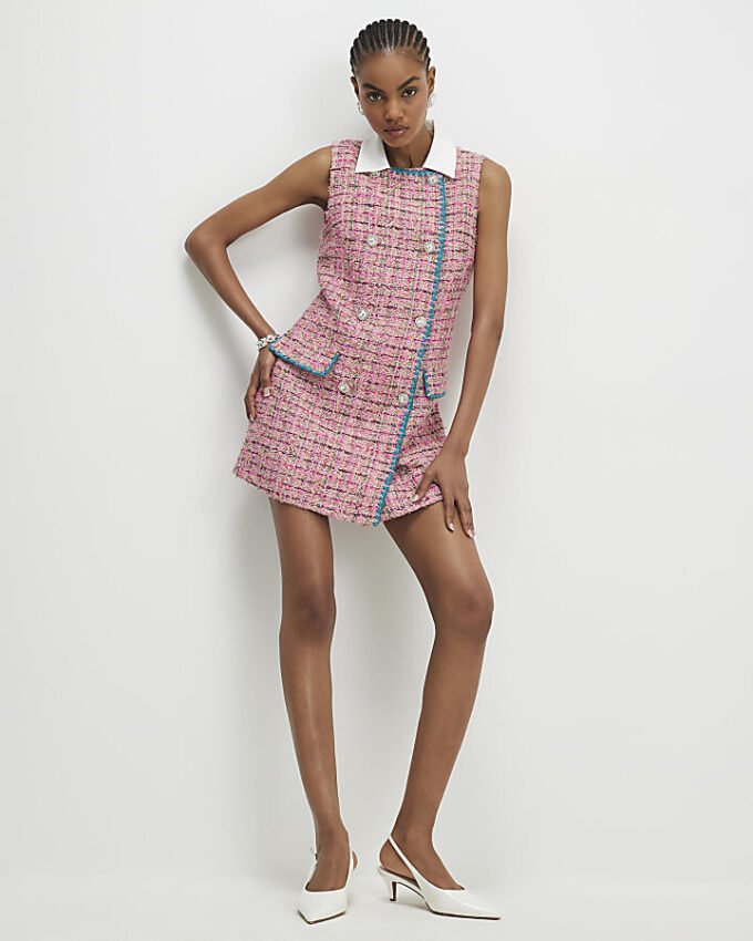 Pink Collared Boucle Whipstitch Mini Dress