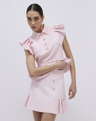 Pink Diamante Pleated Mini Skirt