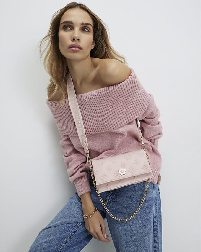 Pink Embossed Monogram Cross Body Bag