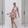 Pink Floral Satin Belted Mini Shirt Dress