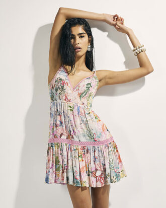 Pink Floral Shirred Mini Beach Dress