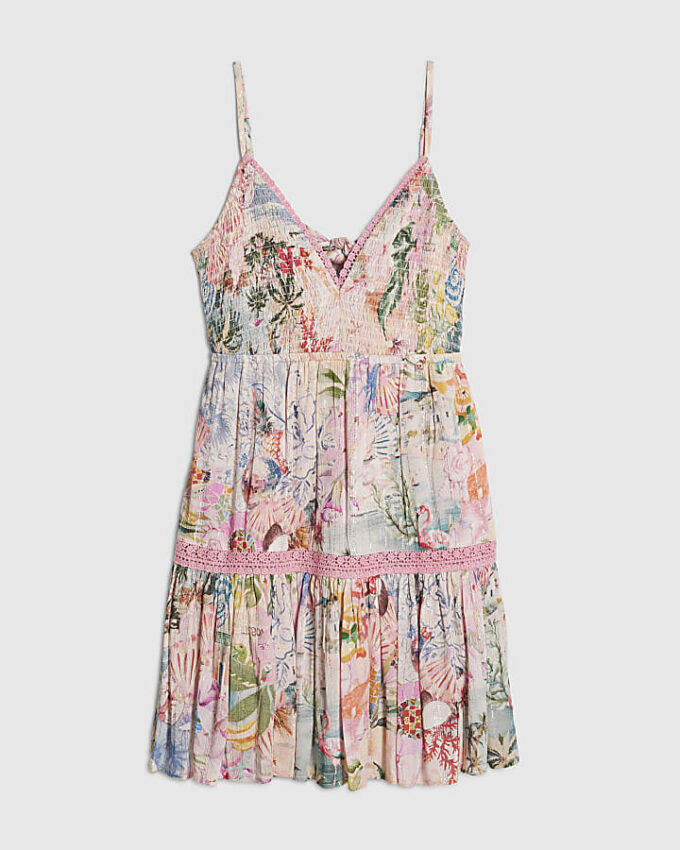 Pink Floral Shirred Mini Beach Dress