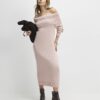 Pink Knitted Long Sleeve Bardot Midi Dress
