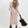 Pink Knitted Long Sleeve Bardot Midi Dress