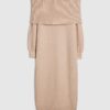 Pink Knitted Long Sleeve Bardot Midi Dress