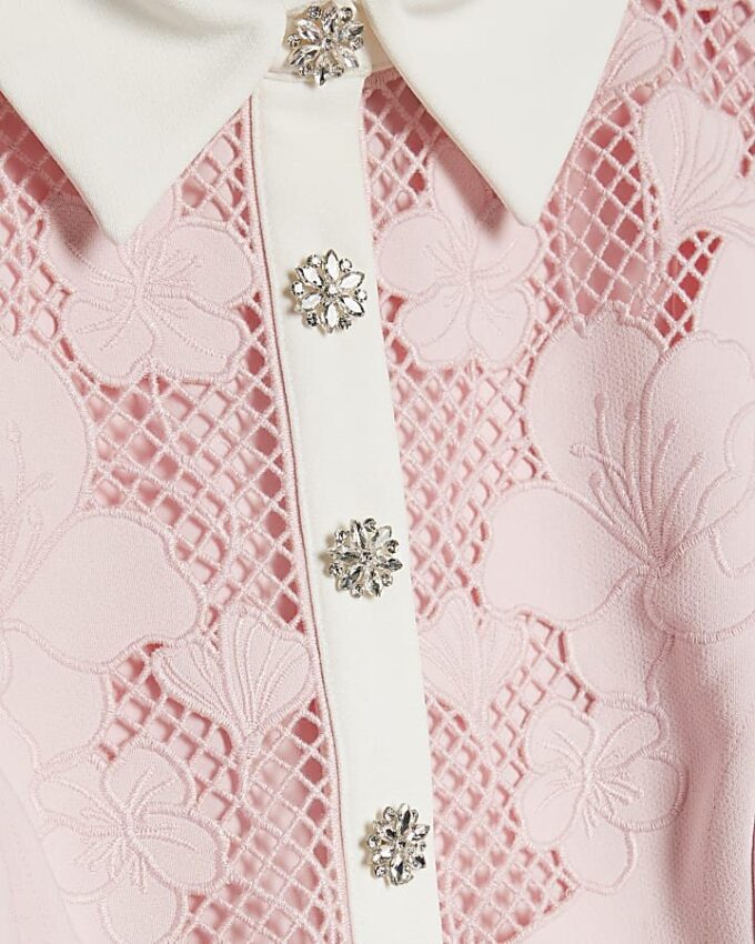 Pink Lace Trim Collared Mini Dress