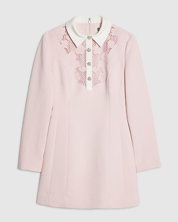 Pink Lace Trim Collared Mini Dress